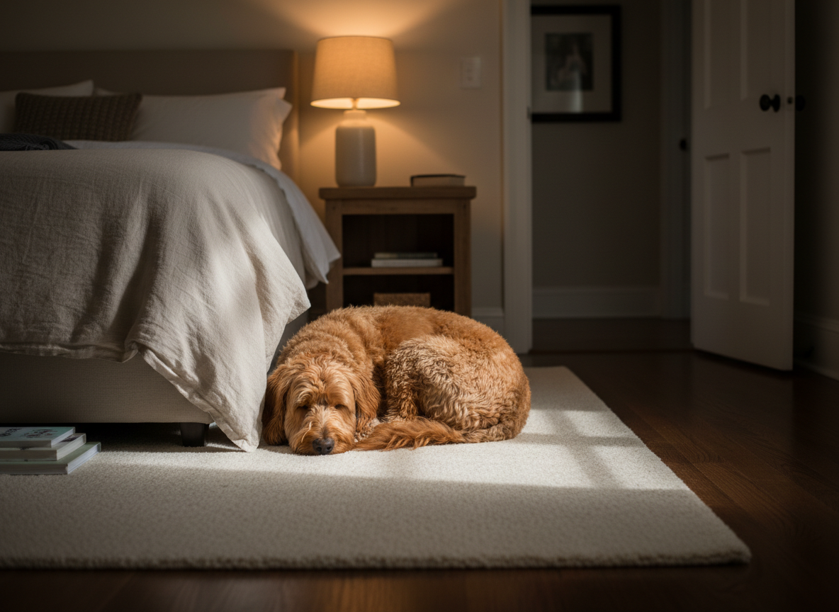 An inviting nighttime scene of a medium-sized curly-coated dog curled up at the foot of a neatly made bed with a simple, neutral duvet in a quiet bedroom. A soft-glowing bedside lamp casts a warm pool of light across the room, gently illuminating the dog’s relaxed posture and creating subtle shadows on the hardwood floor. A small open doorway hints at the rest of the home beyond, reinforcing the in-home environment. Photographic realism, eye-level composition with a slightly elevated angle toward the bed, balanced framing and a tranquil, secure mood that suggests overnight supervision and steady companionship while owners are away.