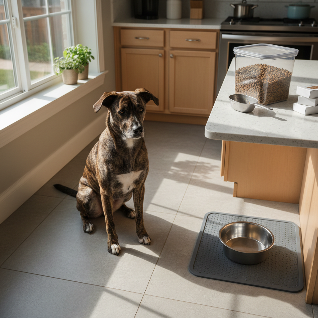 A tidy kitchen corner in a comfortable home showing a structured feeding routine for a dog. A medium-sized brindle dog patiently sits beside a low, non-slip feeding station with a stainless-steel food bowl being prepared on the counter out of frame, implied by open kibble storage and a measuring scoop placed neatly nearby. Morning light streams through a nearby window, casting soft reflections on the bowl and faint shadows on the tile floor. Photographic realism, shot from a slightly elevated angle with the dog in crisp focus and the surroundings clearly detailed, conveying organized, professional feeding care without clutter or chaos.