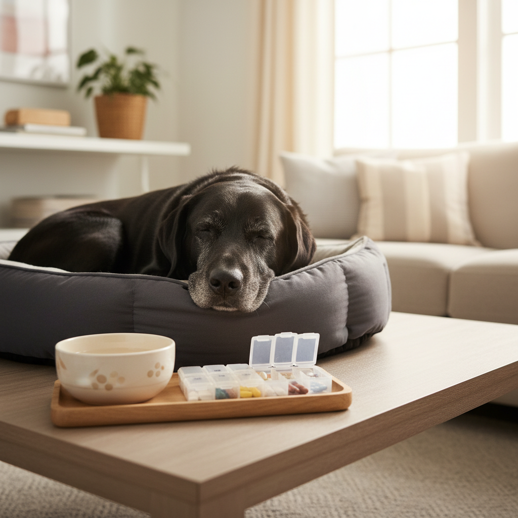 A senior black labrador with a graying muzzle resting calmly on a thick, orthopedic dog bed beside a low coffee table in a tidy living room. Next to the bed, a small, clearly labeled pill organizer and a ceramic water bowl sit on a wooden tray, hinting at attentive medication management without text. Soft, diffused late-afternoon light from a nearby window gently illuminates the lab’s fur, creating a serene glow and minimal shadows. Photographic realism, composed using the rule of thirds, with the dog in sharp focus and the simple, homey background slightly blurred. The atmosphere feels compassionate, professional, and reassuring for pet parents of dogs with special needs.